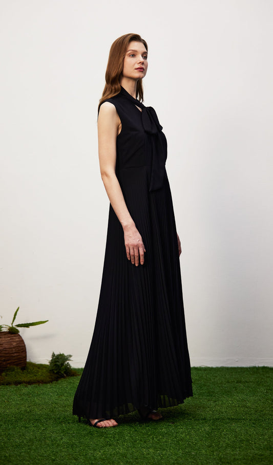 Stretch Knit Pleated Satin Midi Dress