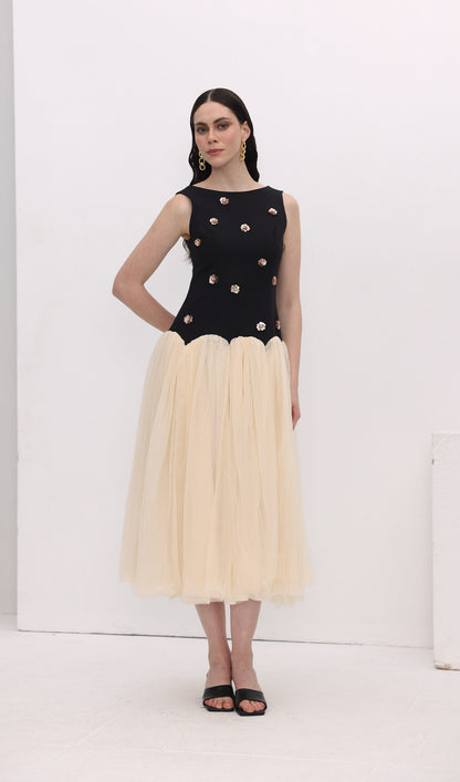 Vintage Contrast Tulle Midi Dress