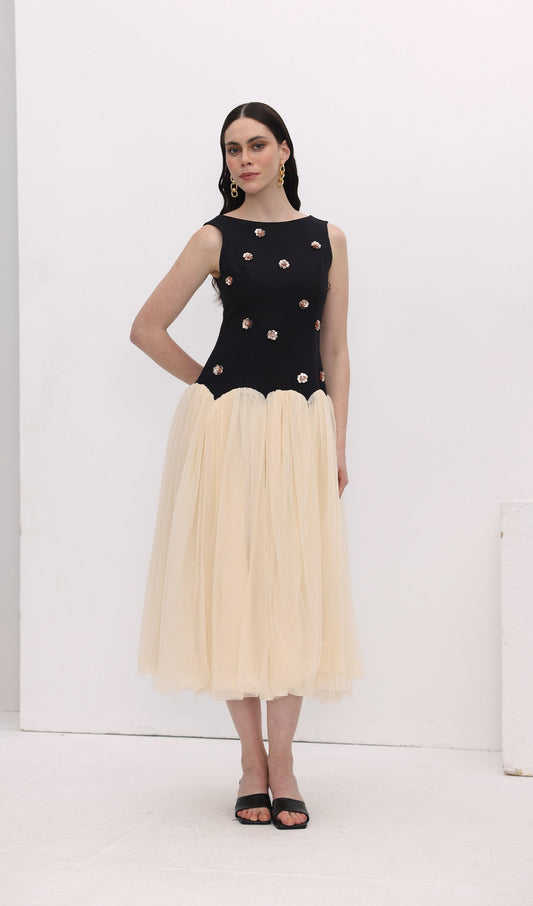 Vintage Contrast Tulle Midi Dress