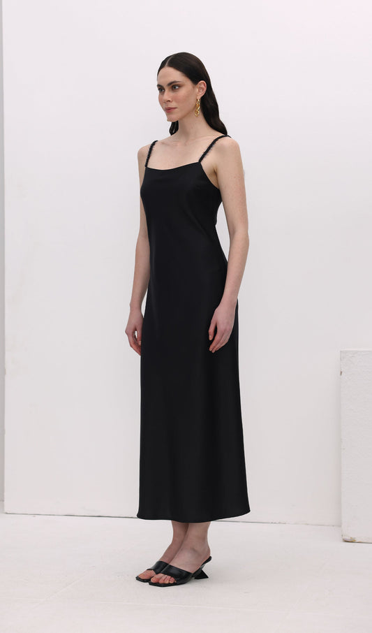 Solid Sequined Slip Midi Dress Black