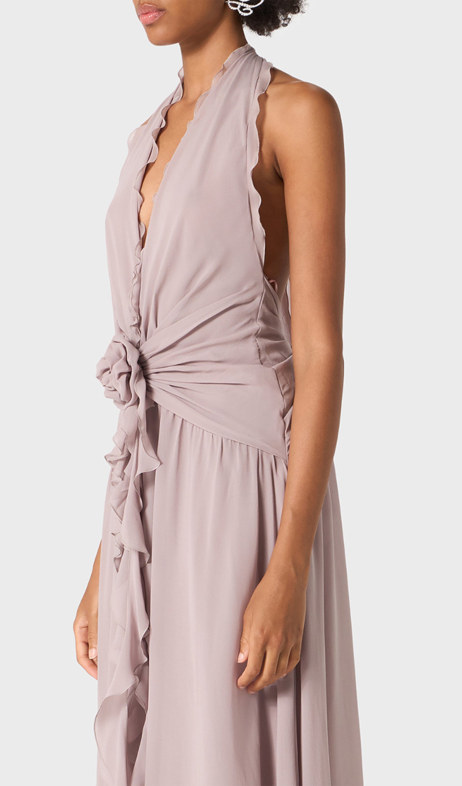 Halter Ruffles Rose Decoration Maxi Dress