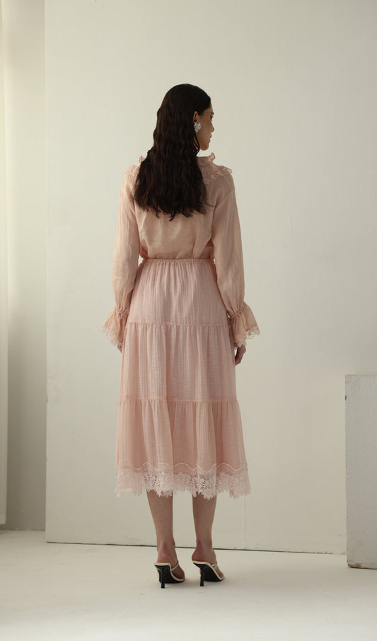 Long Sleeved Lace Panel Midi Skirt