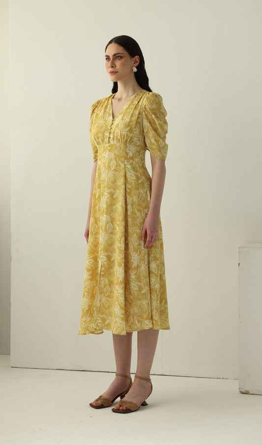 Yellow Printed Short Sleeve Midi Dress