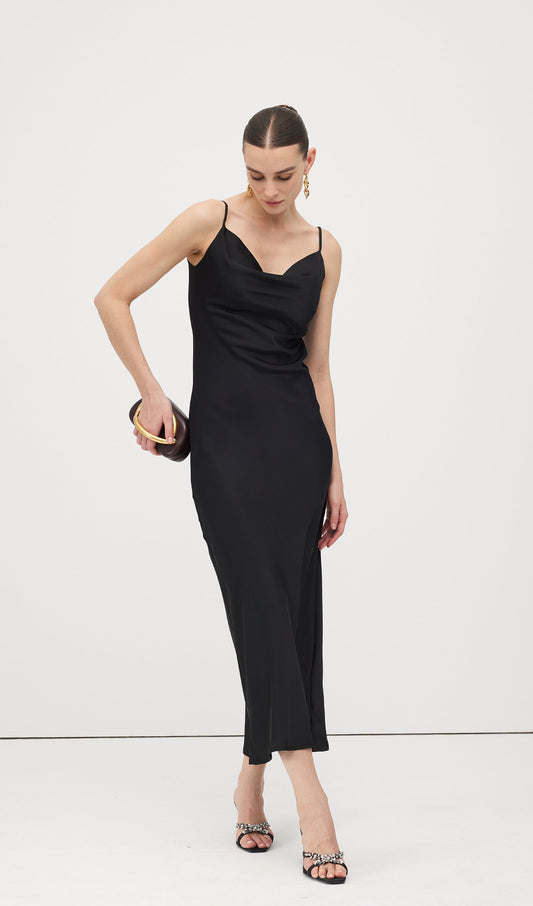 Swing Neck Satin Slip Midi Dress