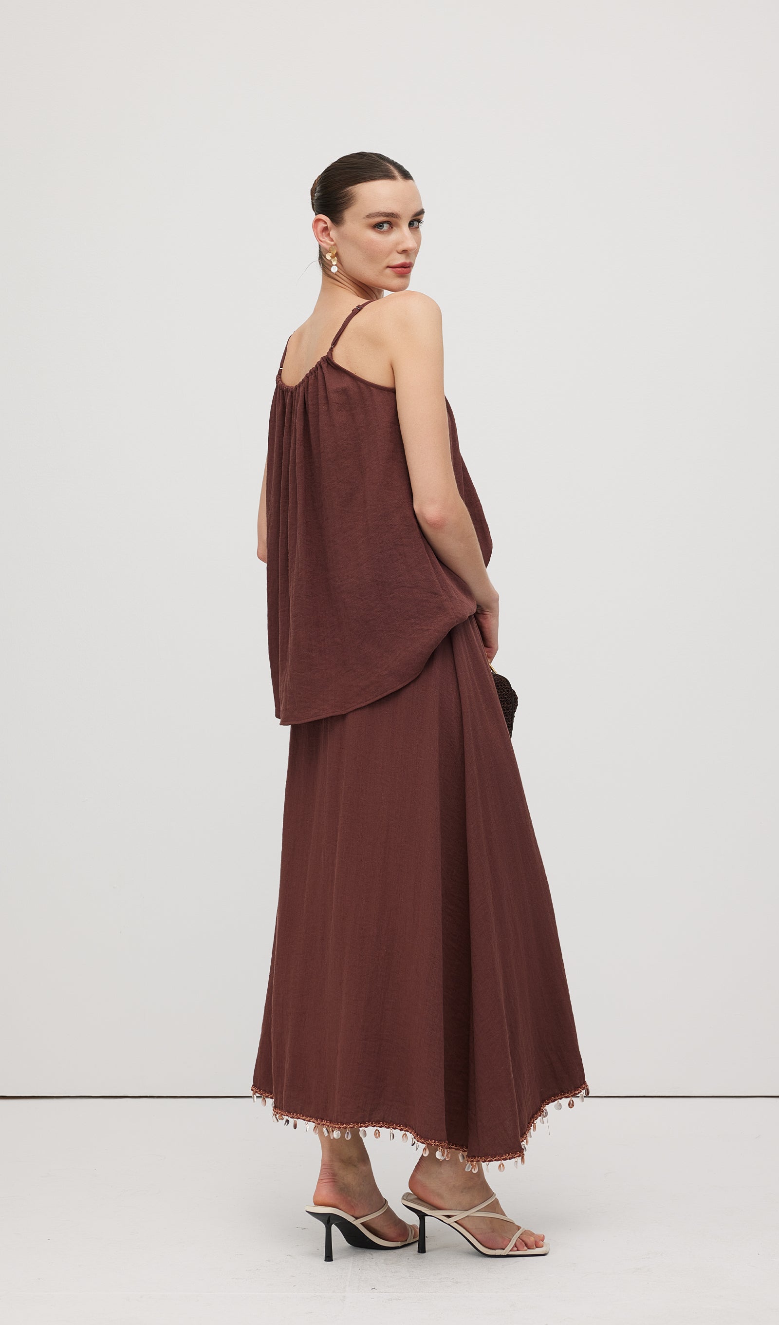 Cotton And Linen Lace Up Midi Skirt Sets