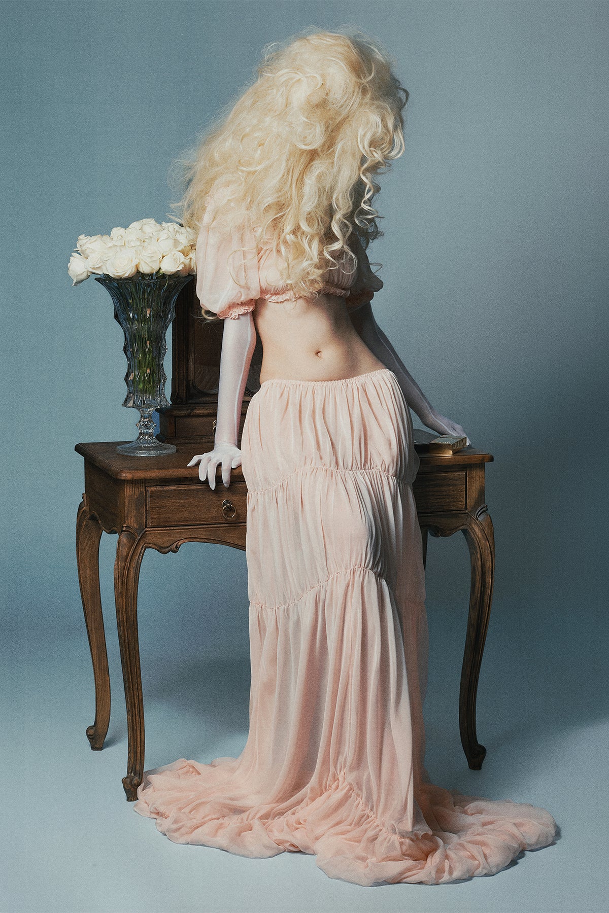 Scoop-Neck Lettuce-Trim Puff-Sleeve Cropped Top and Low-Rise Ruched Skirt Chiffon Set