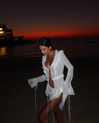 V-Neck Ruffle-Trim Tie-Front Long-Sleeve Cardigan Top with Waist-Tie Chiffon Skirt Two-Piece Set