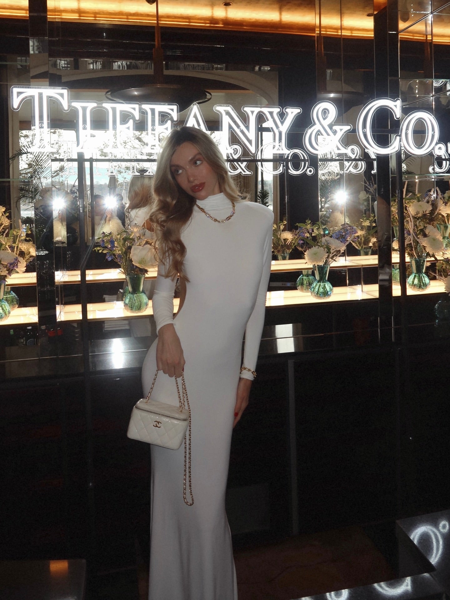 High-Neck Long-Sleeve Backless Asymmetric-Hem Bodycon Dress