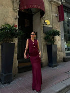 Vest-Style V-Neck Top & Mesh-Panel Skirt Set