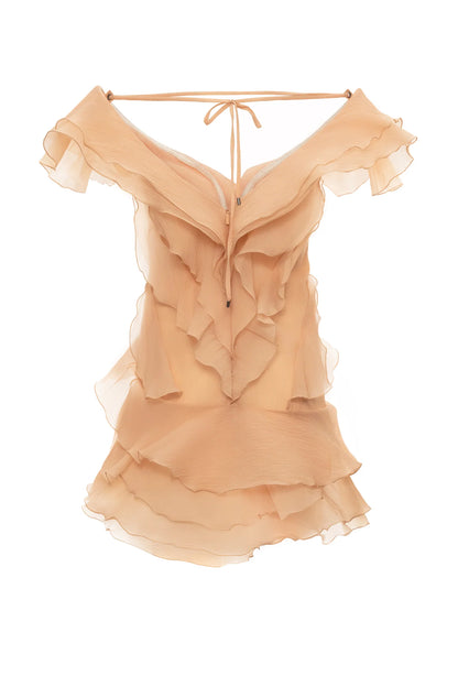 Theia Ruffle Layers Strapless Mini Dress In Beige