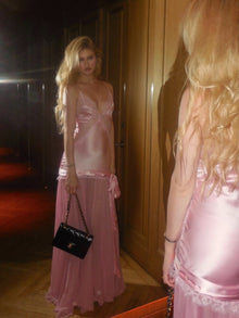 Spaghetti Strap Lace-Trim Satin and Chiffon Paneled Dress