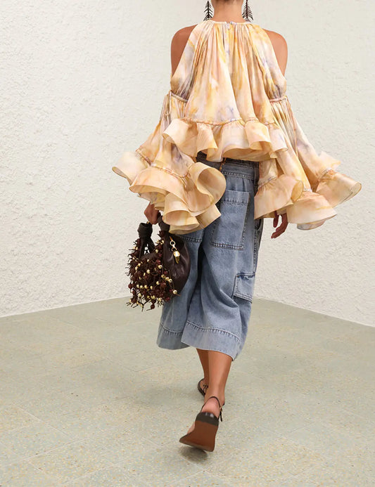 Shoulder cutout flounce sleeve top and ruffled hem skirt