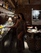 Spaghetti Strap Lace-Back Satin Leopard High-Slit Dress