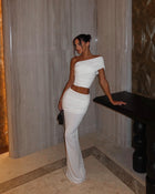 Asymmetric Off-Shoulder Sleeveless Cropped Top with Ruched Bodycon Back-Slit Skirt Two-Piece Set