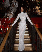 High-Neck Long-Sleeve Corset-Inspired White Lace Dress