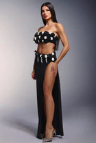 3D Floral Strapless Crop Top with Asymmetrical Waist Design & Tassel High-Slit Maxi Skirt