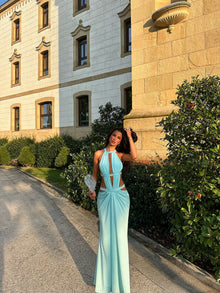 Crew-Neck Sleeveless Cutout Ruched Backless Seafoam Green  Dress