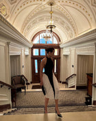 Halter High-Neck Sleeveless Backless Black-and-White Pleated Dress