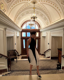 Halter High-Neck Sleeveless Backless Black-and-White Pleated Dress