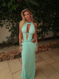 Crew-Neck Sleeveless Cutout Ruched Backless Seafoam Green  Dress