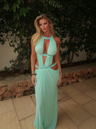 Crew-Neck Sleeveless Cutout Ruched Backless Seafoam Green  Dress