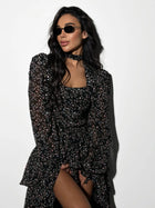 Square-Neck Long-Sleeve Printed Chiffon Tiered Asymmetric-Hem Maxi Dress