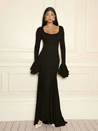 Square Neck Ruffle Long-Sleeve Asymmetrical Hem Maxi Dress