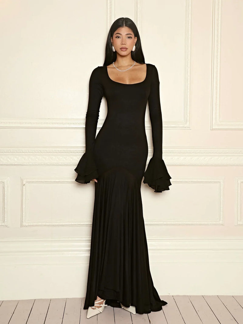 Square Neck Ruffle Long-Sleeve Asymmetrical Hem Maxi Dress