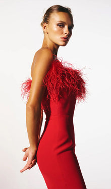 Lena Feather Trimmed Midi Dress Red