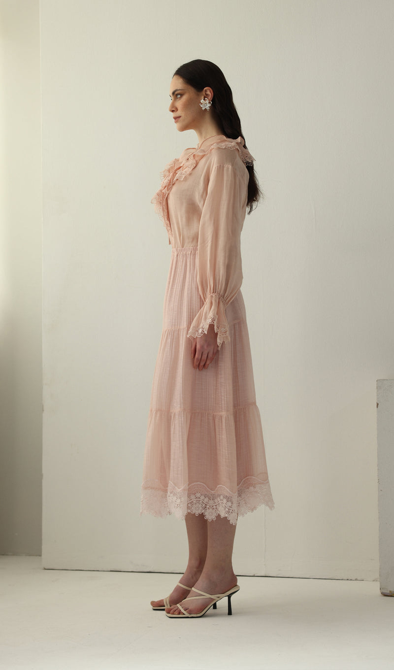 Long Sleeved Lace Panel Midi Skirt