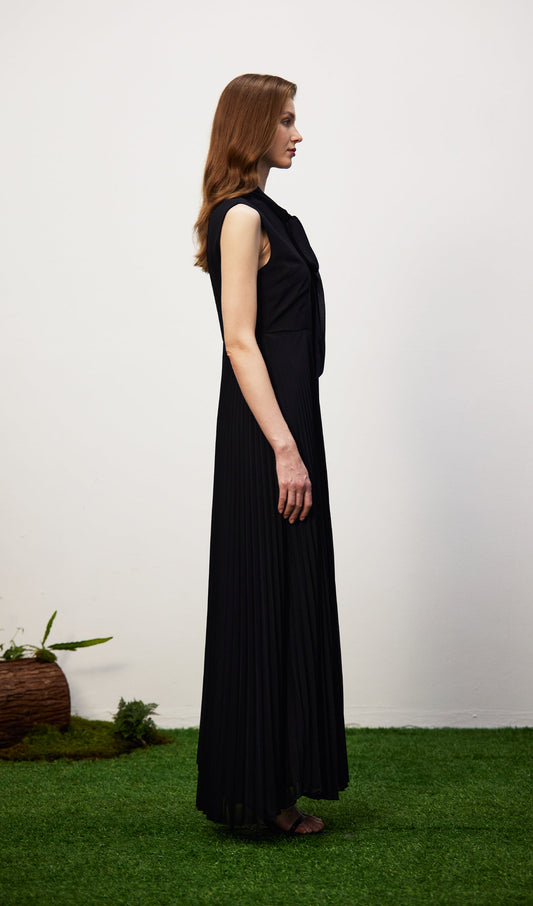 Stretch Knit Pleated Satin Midi Dress