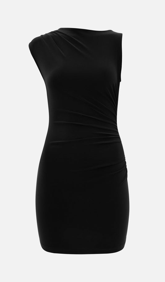 Asymmetric Shoulder Wide Band Mini Dress