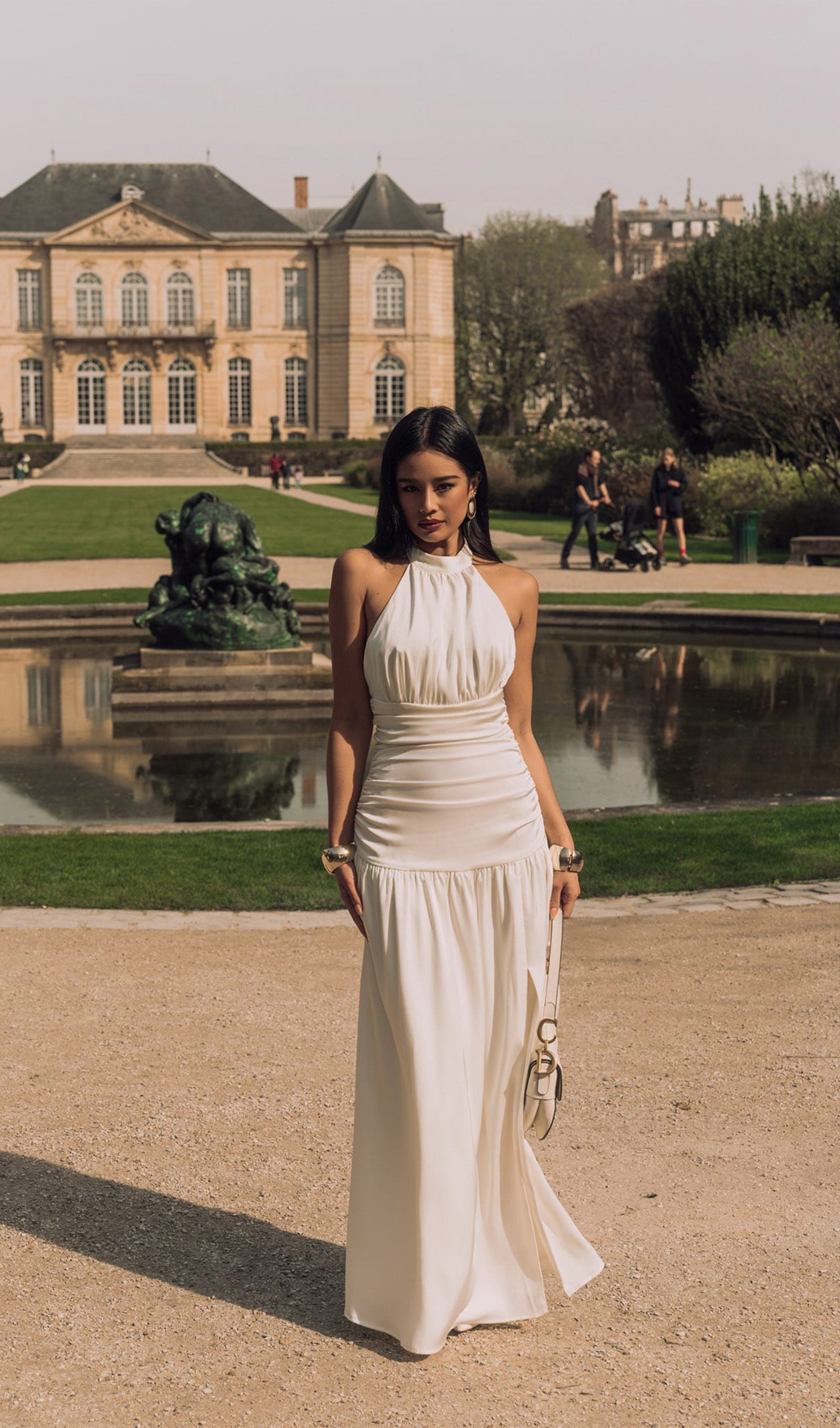 Satin Halter Draped Bodice Maxi Dress