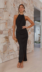 Halter Neck Ruched Bottom Midi Dress