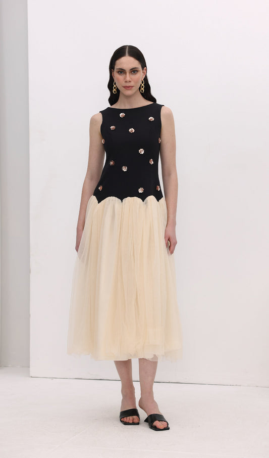 Vintage Contrast Tulle Midi Dress