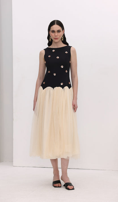 Vintage Contrast Tulle Midi Dress