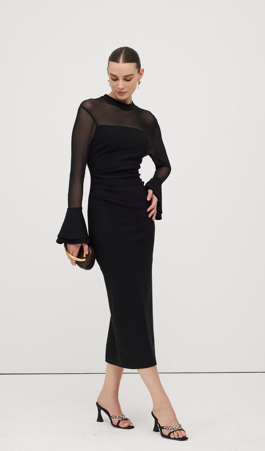 Mesh Stitching Long Sleeve Midi Dress
