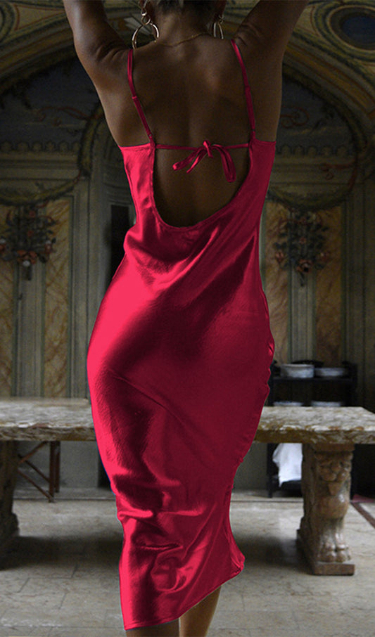 Satin Cowl Neck Backless Slip Dress