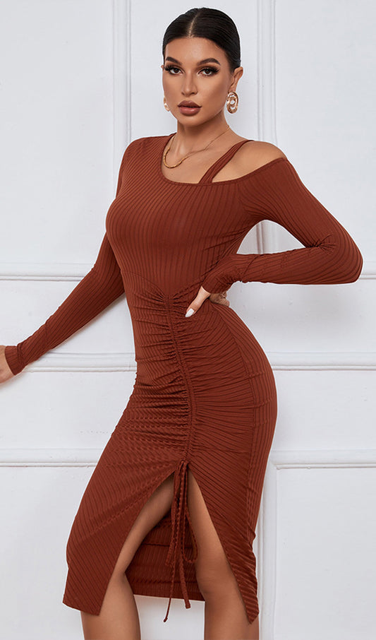 Solid Pleats Split Midi Dress