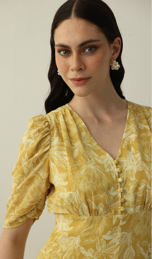 Yellow Printed Short Sleeve Midi Dress