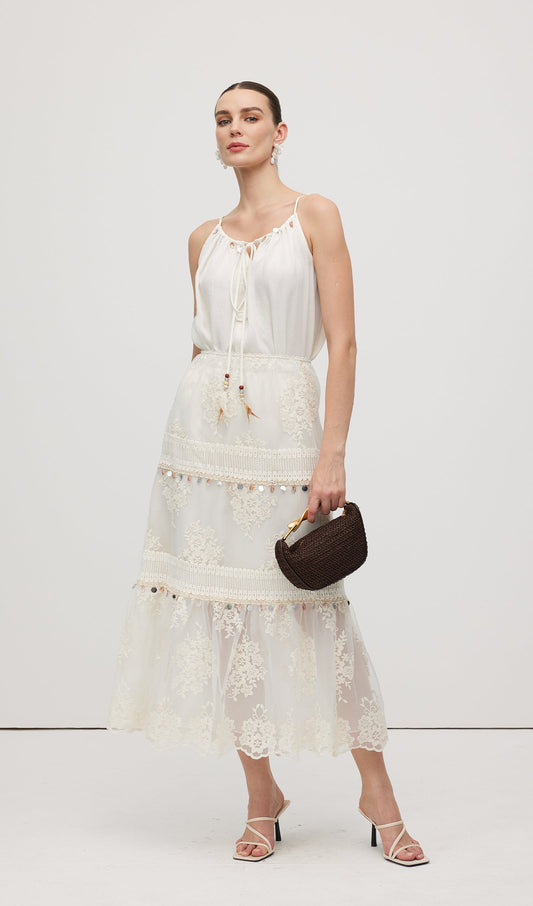 Lace Embroidery Bohemian Midi Skirt