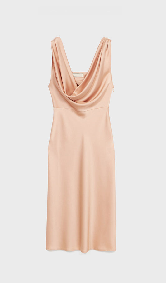 Shiny Satin With Draped Neckline Midi Dress
