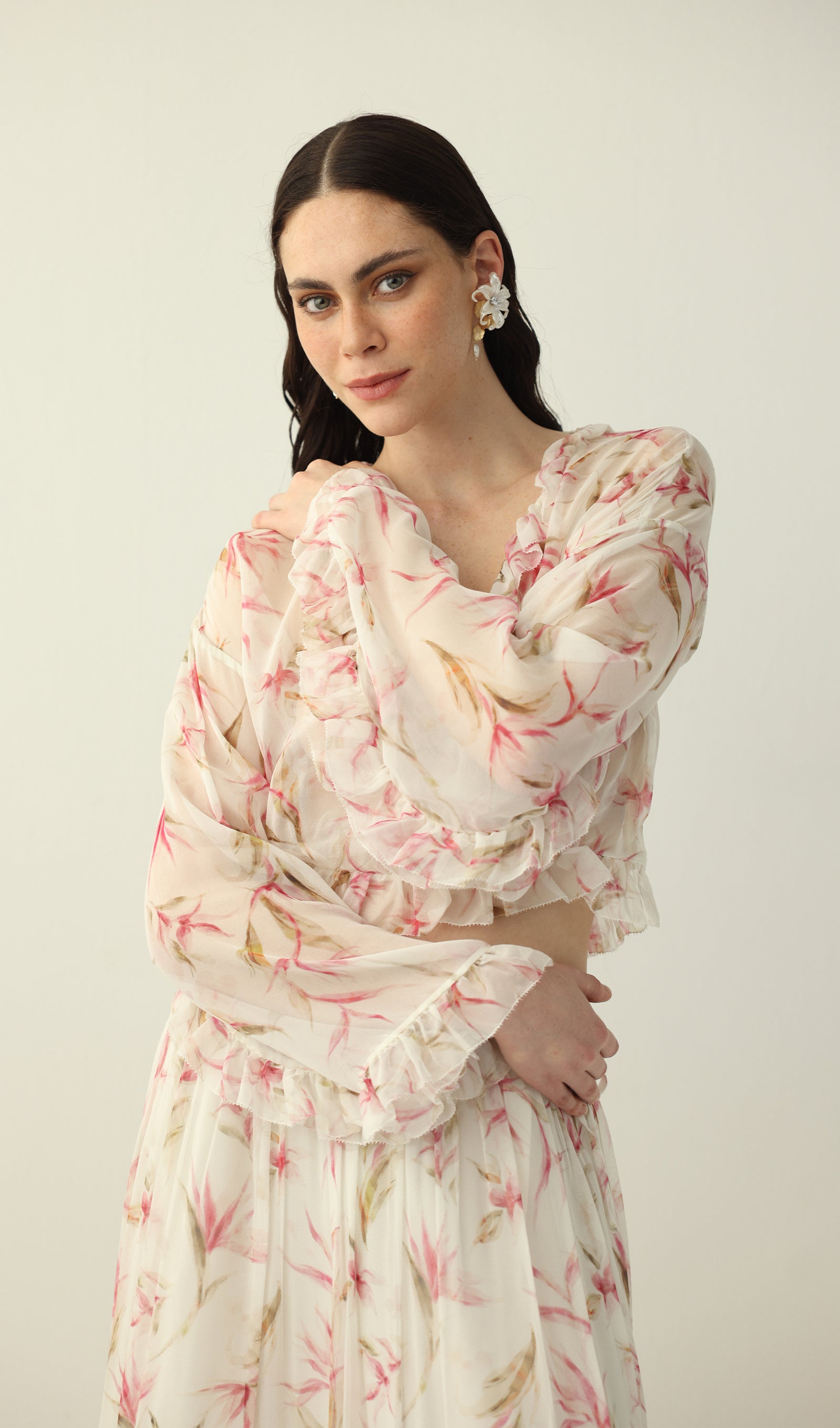 Floral Silk Ruffle Two Piece Sets