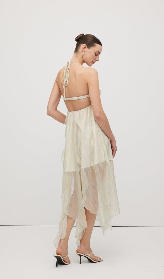 Halter Tulle Pleated Midi Dress
