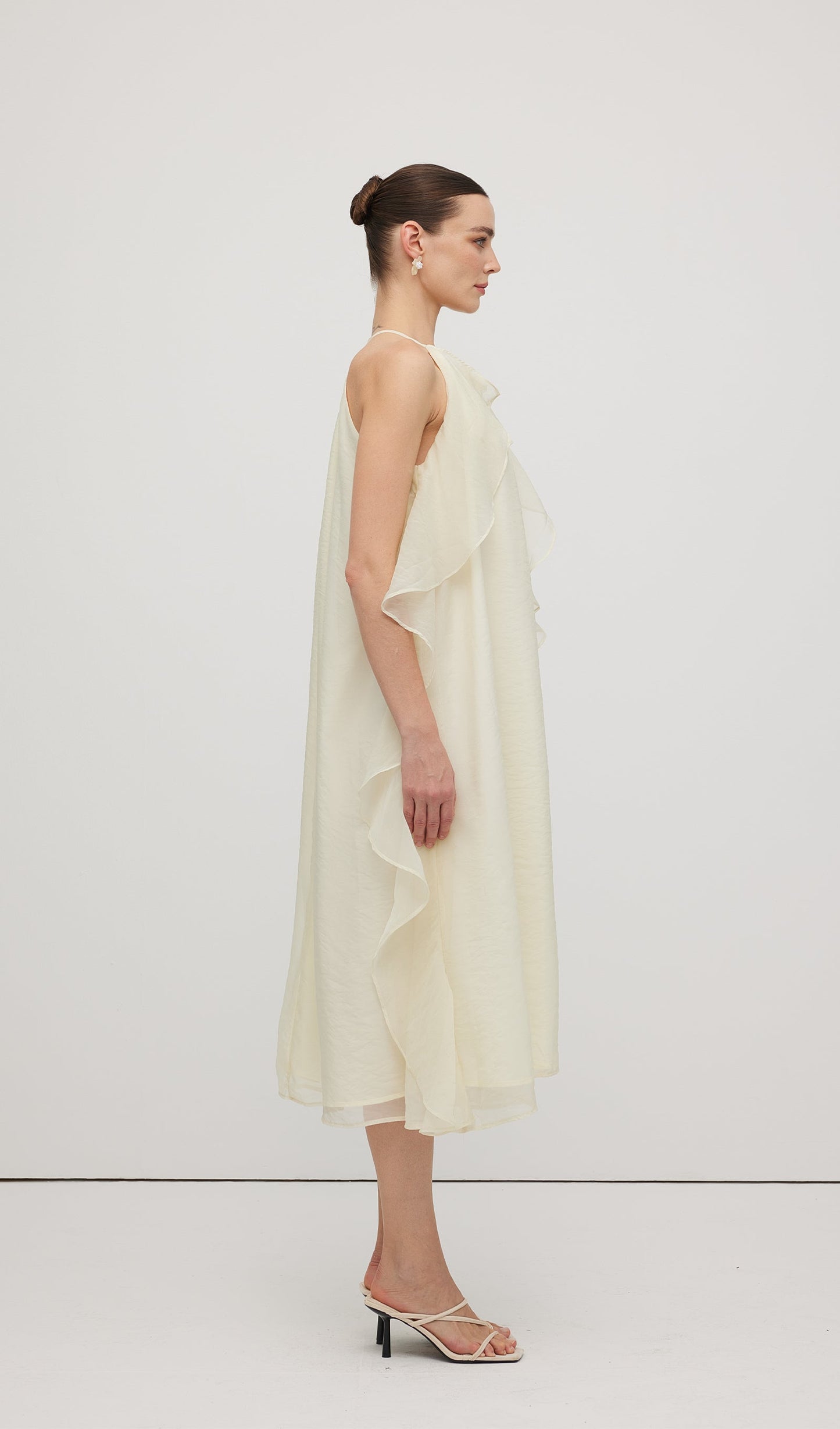 Halterneck Rose Detail Ruffle Midi Dress