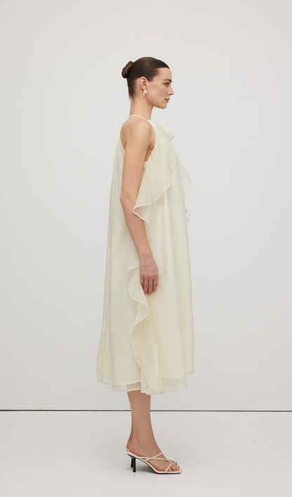 Halterneck Rose Detail Ruffle Midi Dress