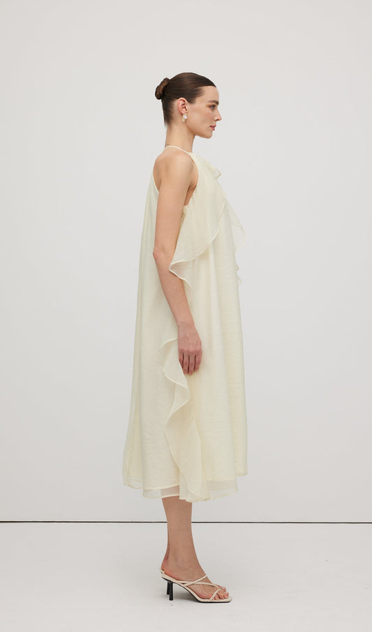 Halterneck Rose Detail Ruffle Midi Dress