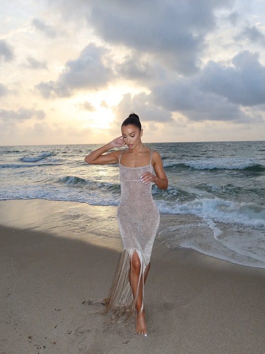 Shimmer Fringe Knit Maxi Dress