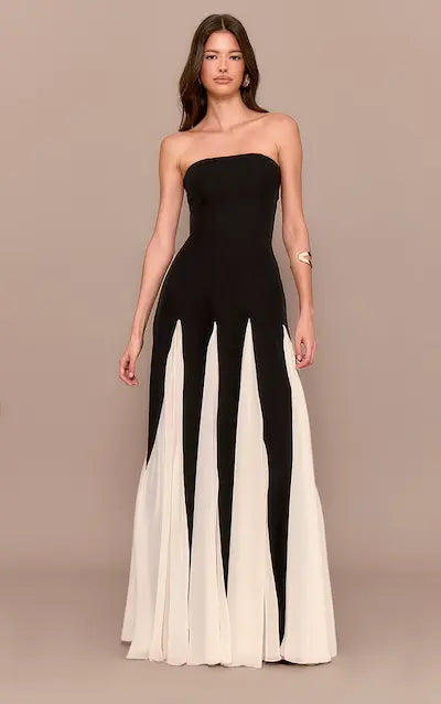 Black and White Pleated Chiffon Maxi Dress
