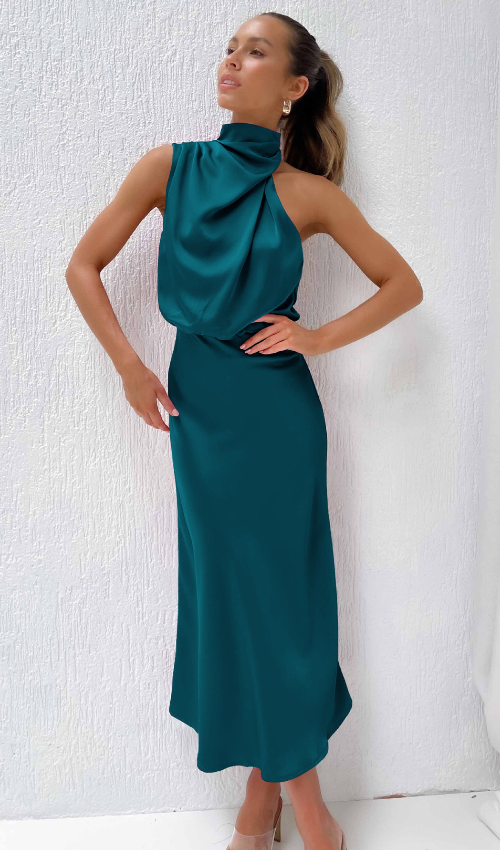 Asymmetric Satin Midi Dress
